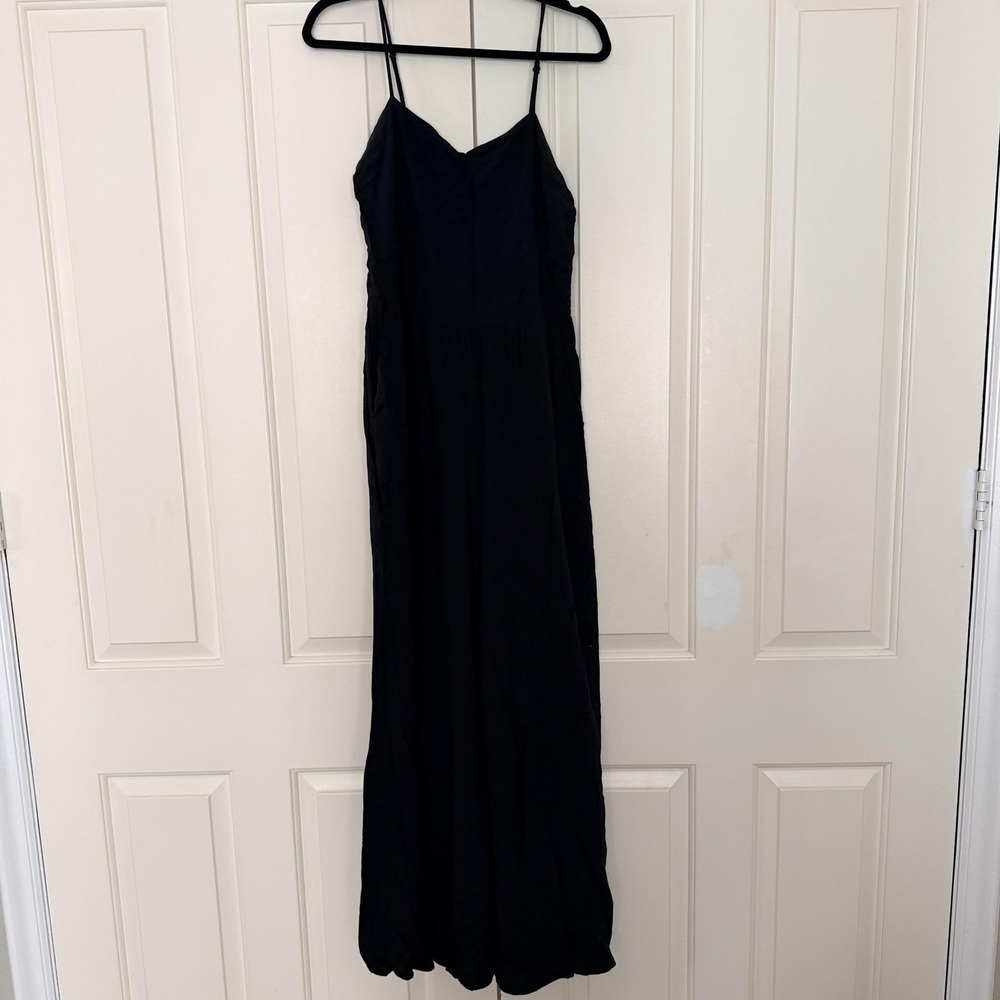 Forever 21 Jumpsuit Womens Large Black V Neck Wide Leg Spaghetti Strap Pockets